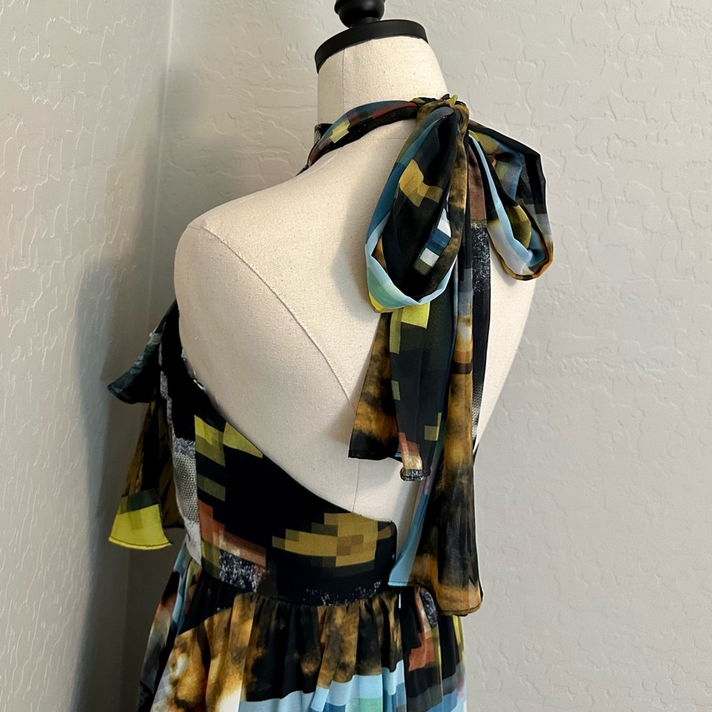 NEW JOVANI SZ 2 HALTER CHIFFON ABSTRACT PRINT HIGH SLIT FORMAL EVENING GOWN - Picture 10 of 16